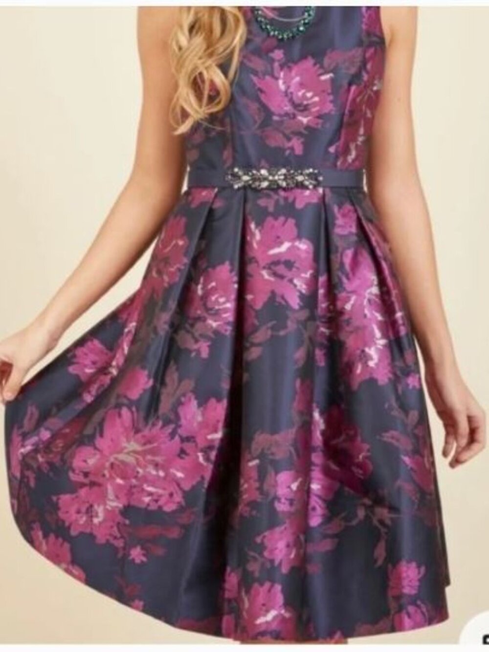 Eliza J Floral Satin Fit-and-Flare Dress with Embellished Belt Size 12